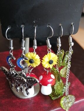 3 Pairs New Earrings Set: Yellow Sunflower Red Mushroom, Butterfly, Green Leaves